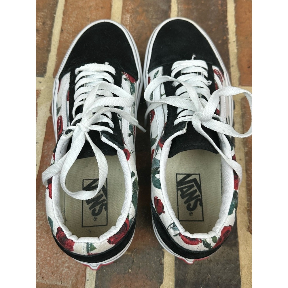 Van Old Skool Red Rose Sneaker Floral Canvas Black Suede Low Top Shoes Women 8.5 - Picture 8 of 8